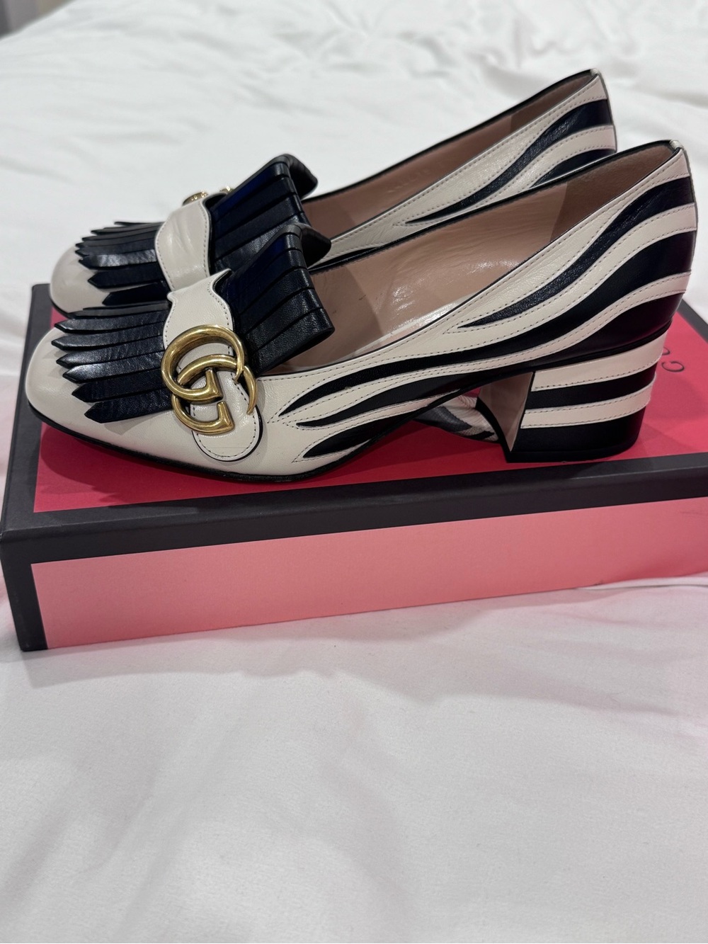 Gucci Black and White Leather Fringe Block Heel Loafers